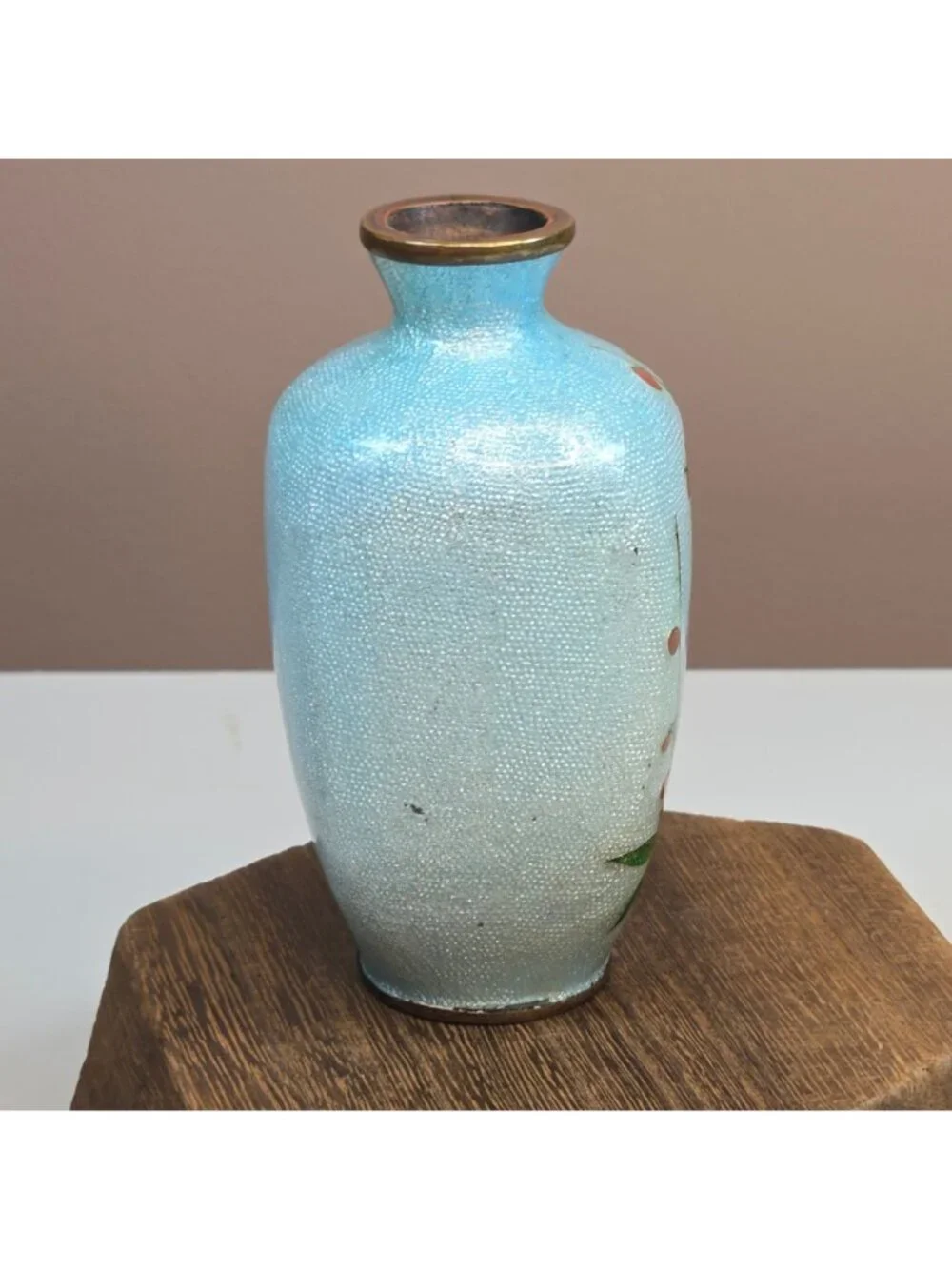 Antique 19th Century Japanese Meiji Mini Foil Enamel Bronze Vase Cherry Blossom